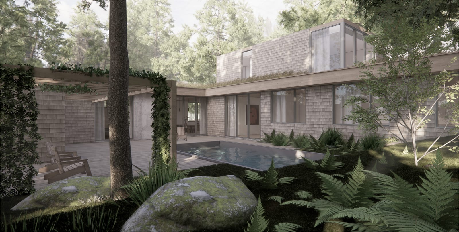 Pool courtyard with stone and cypress wings among ferns and boulders