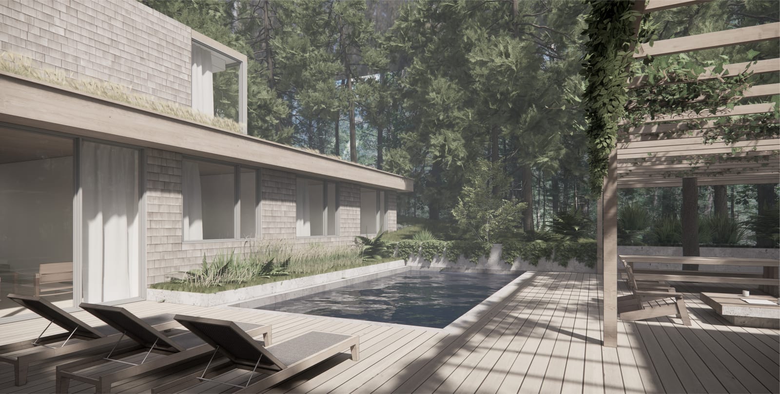 Pool terrace with loungers and the second-floor volume above