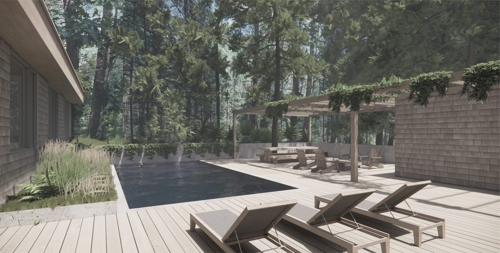 Ipe pool deck with outdoor dining and a vine-covered pergola