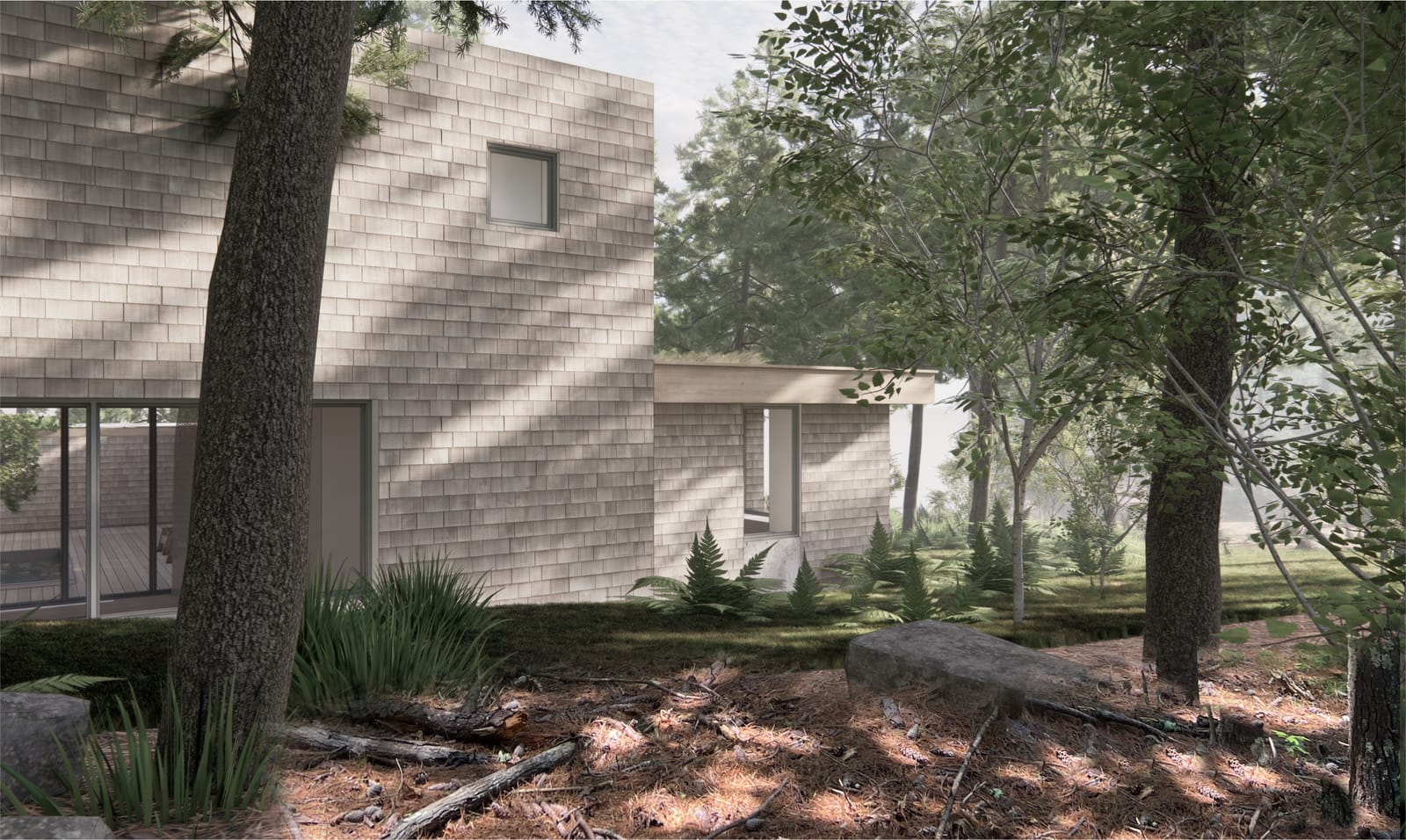 Stone and cypress corner of the house through the trees