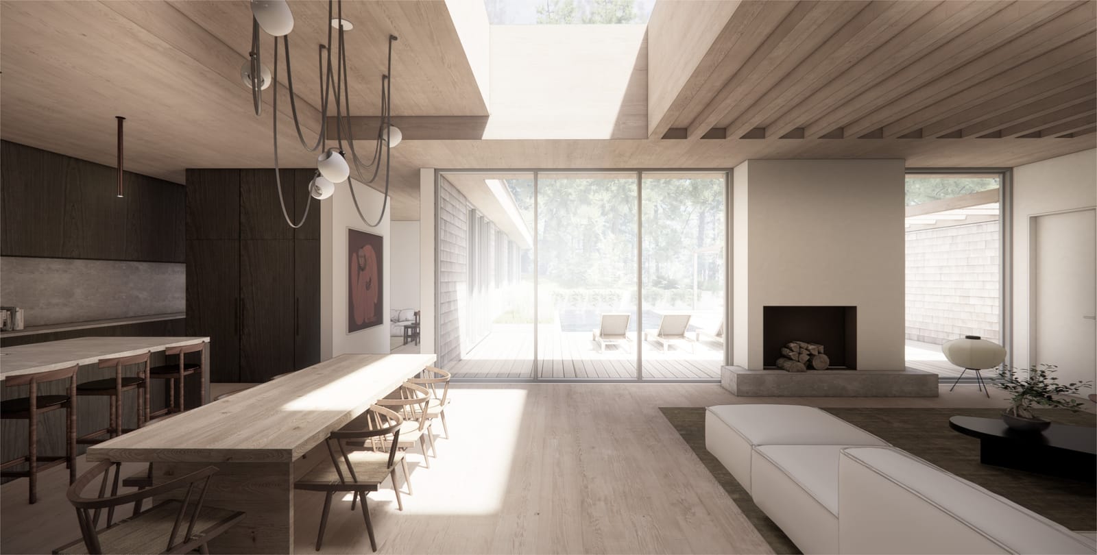 Open living and dining beneath a skylit white oak ceiling