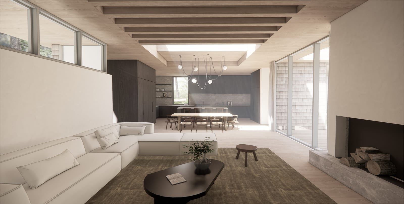 Living room looking toward the dining table and kitchen