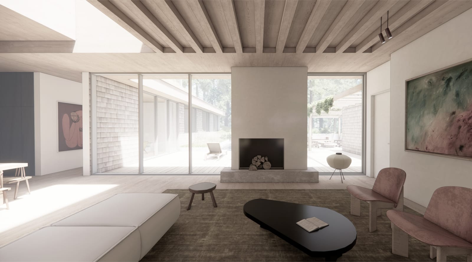 Fireplace wall with white oak beamed ceiling