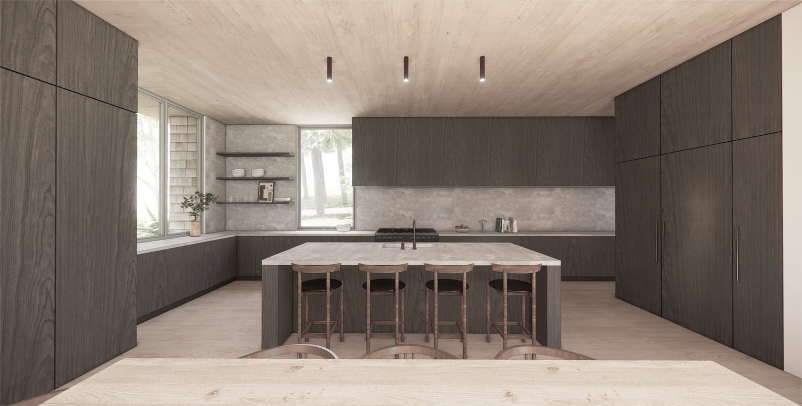 Kitchen with large stone island and dark oak cabinetry