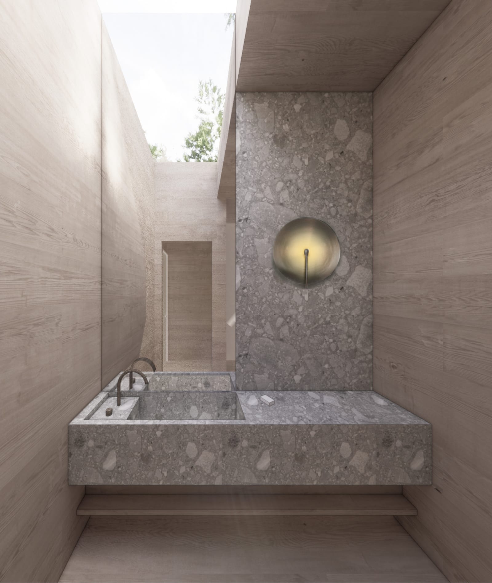 Stone bath with sunken tub and skylight