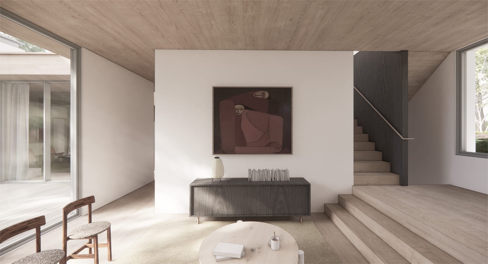 Staircase and sitting area beneath a white oak ceiling