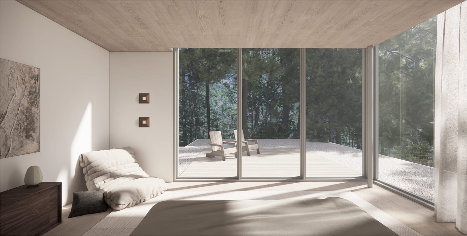 Bedroom opening through glass to the deck