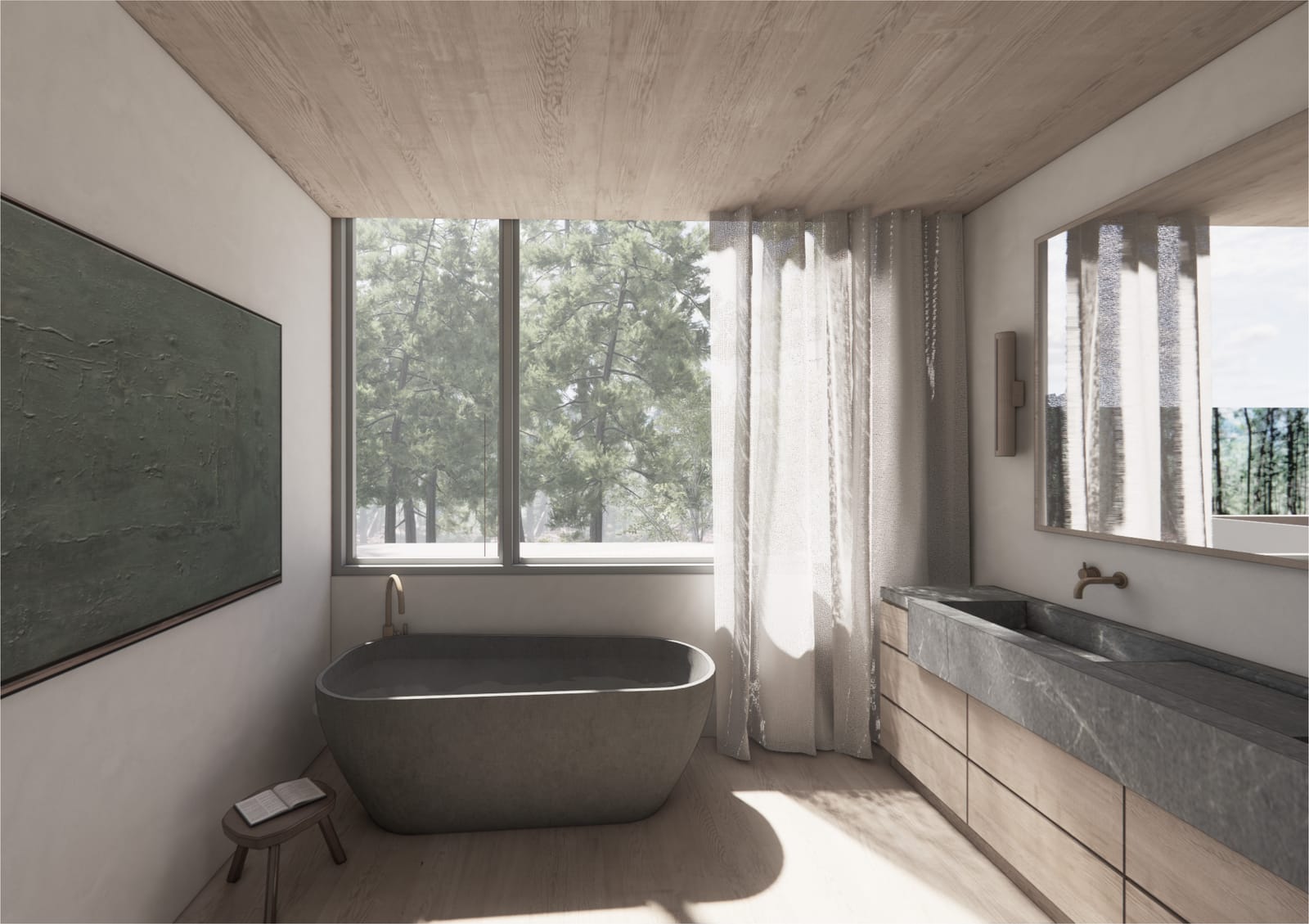 Bath with freestanding stone tub and garden window