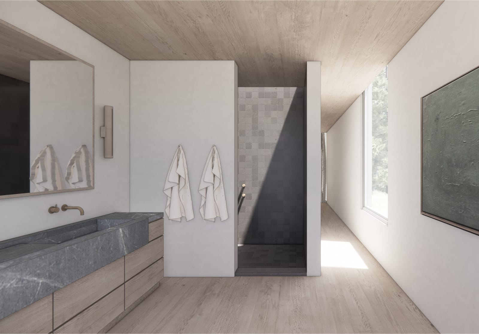 Stone vanity with glass-enclosed shower beyond