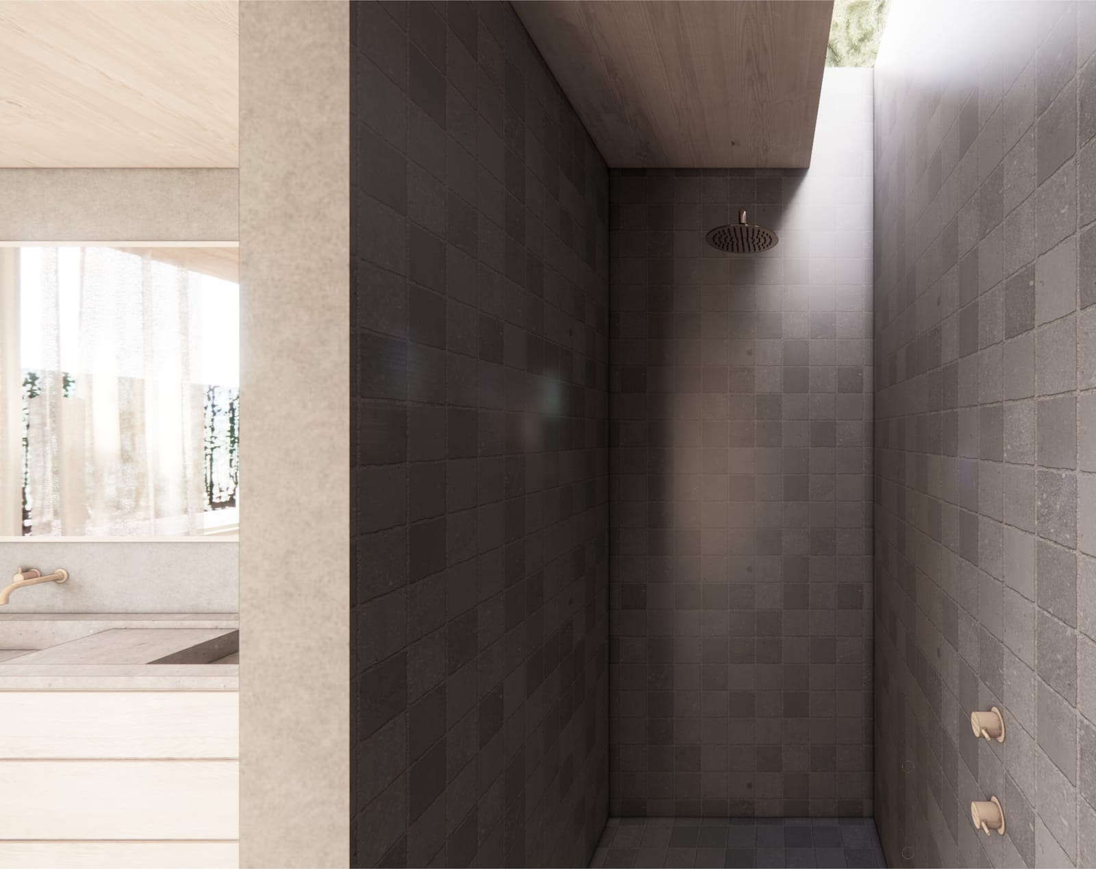 Tiled shower with rain head