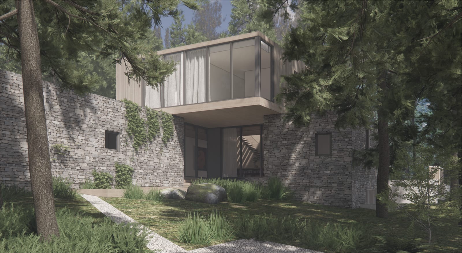 Stone wall and glass upper volume at the front of the house