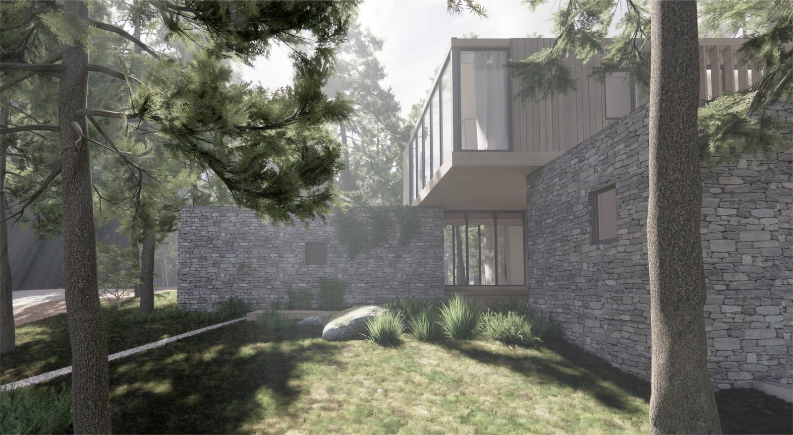 Cantilevered glass volume above a stone wall among pines