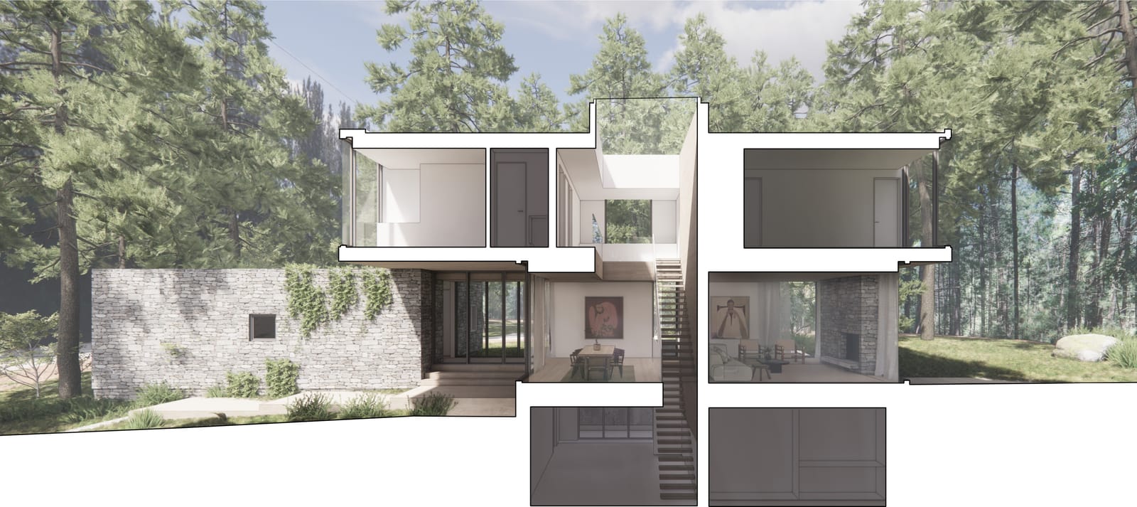 Architectural section drawing through the entry and stair