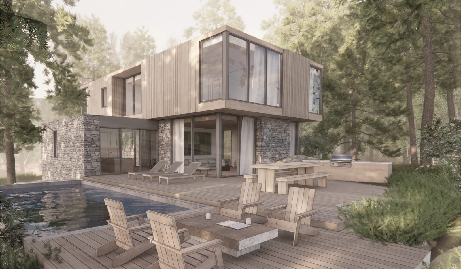 Pool terrace with cypress and glass volume beyond