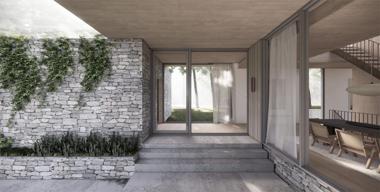 Pivot glass entry beside an ivy-covered stone wall