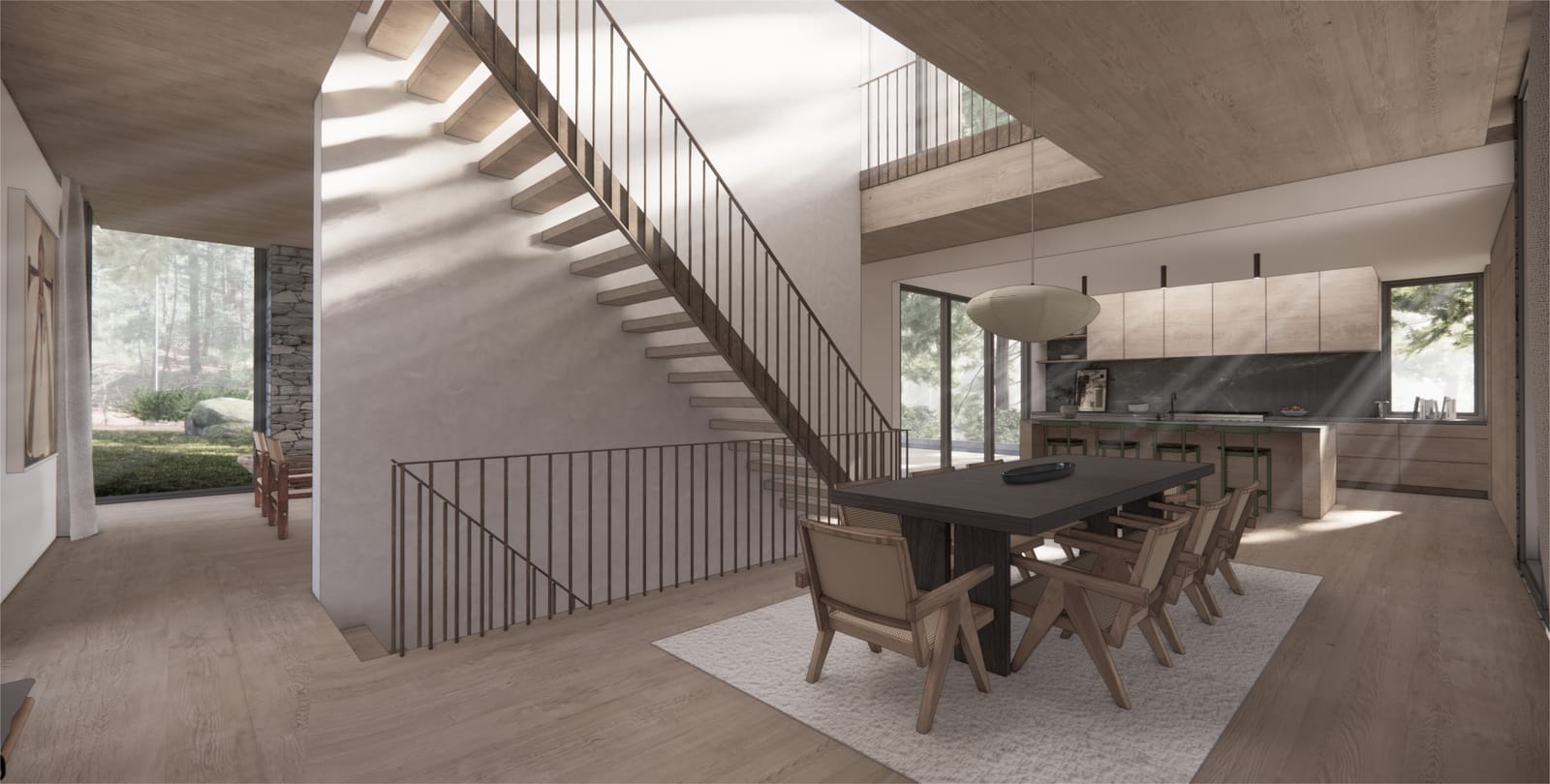 Sculptural steel staircase above the dining table