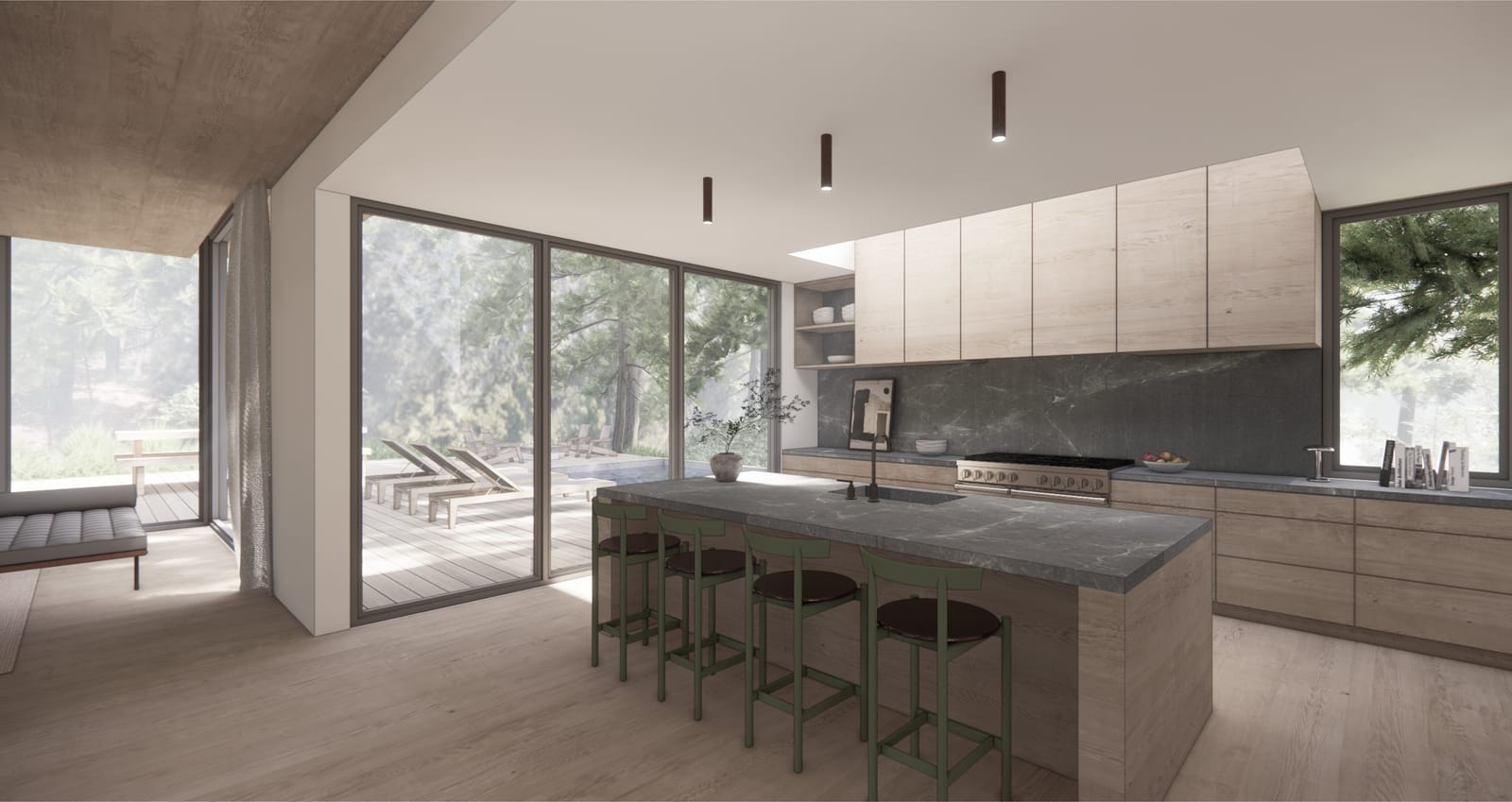 Kitchen with island and view to the pool deck