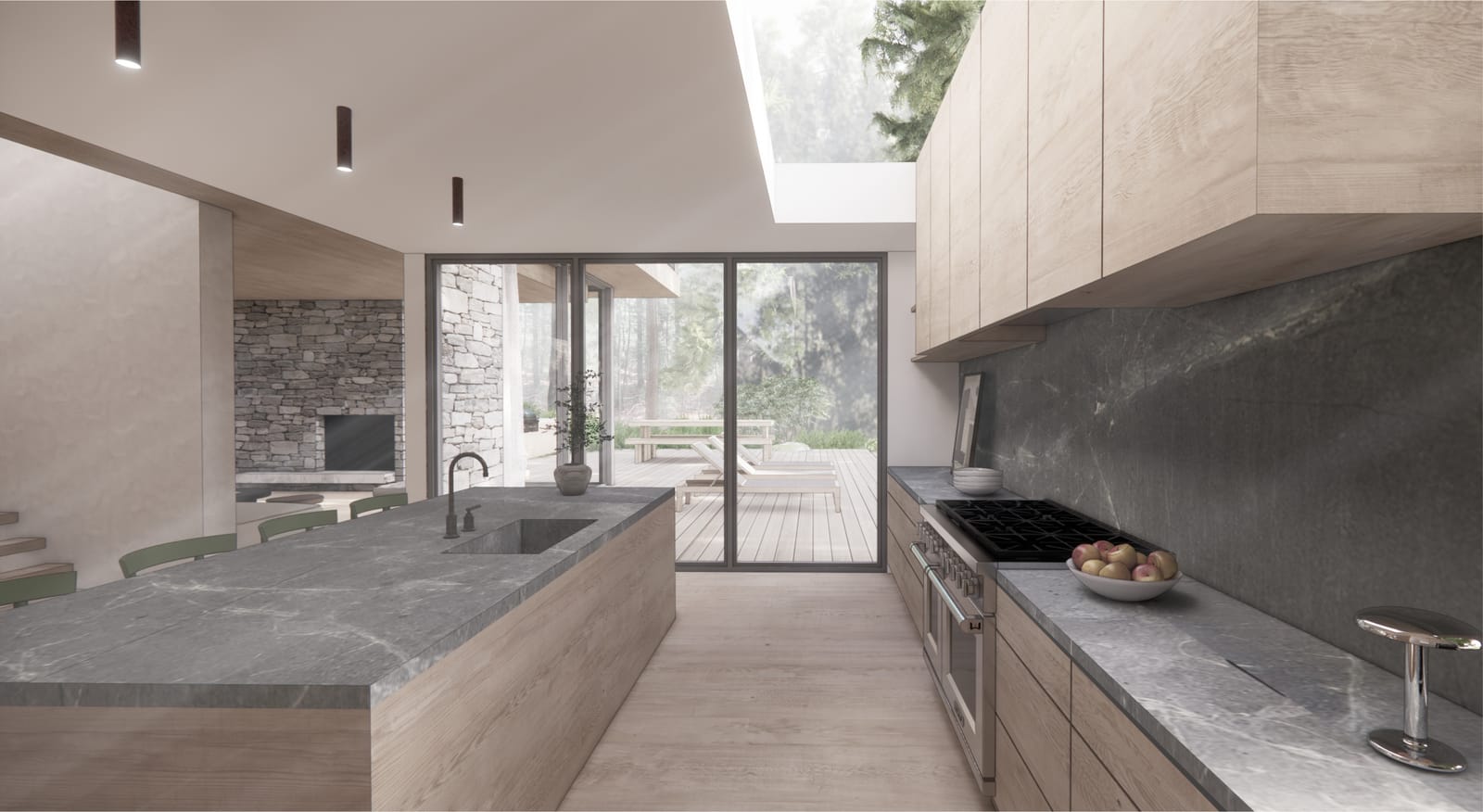 Kitchen island with sink and dark stone backsplash