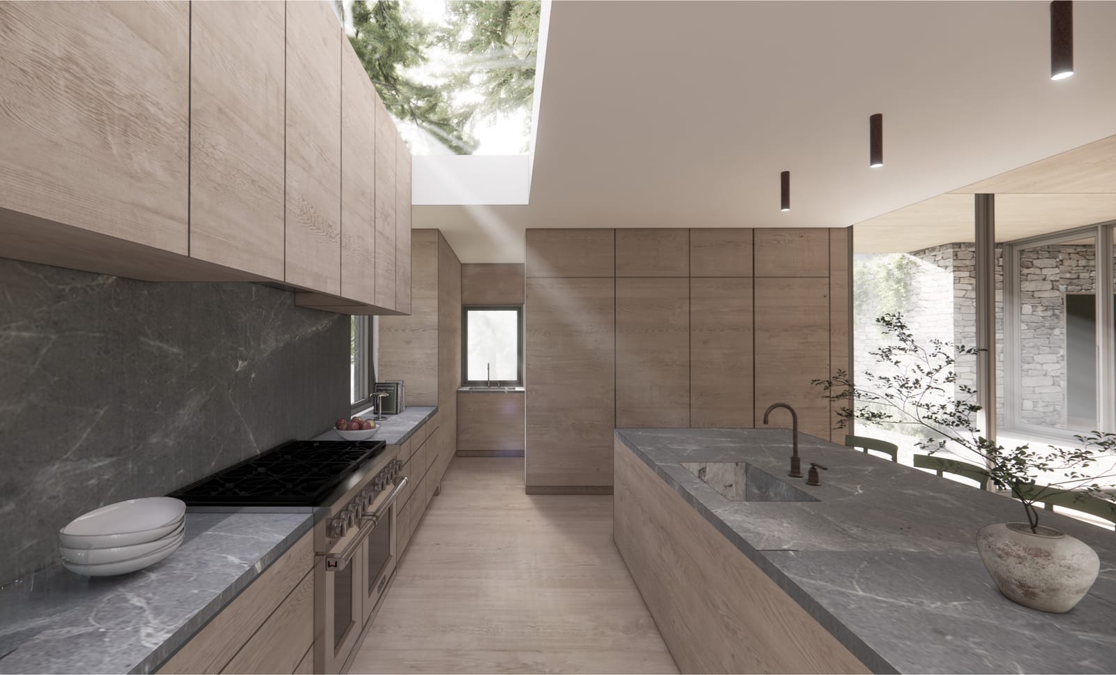 Thermador range beneath a wood hood with skylight
