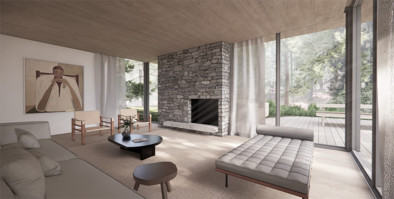 Living room with stone fireplace wall and floor-to-ceiling glass