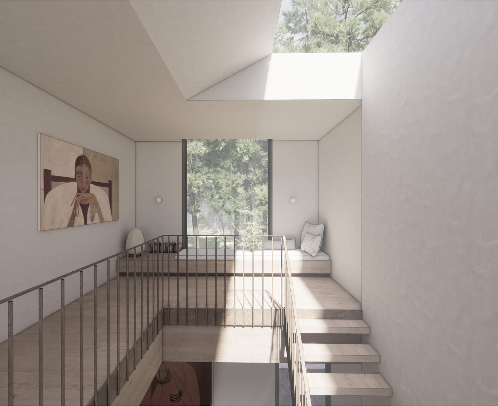 Upper landing with built-in seat overlooking the stair