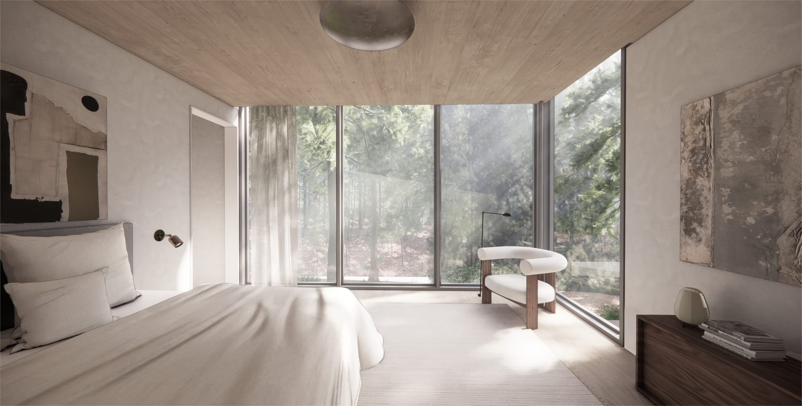 Primary bedroom with floor-to-ceiling glass
