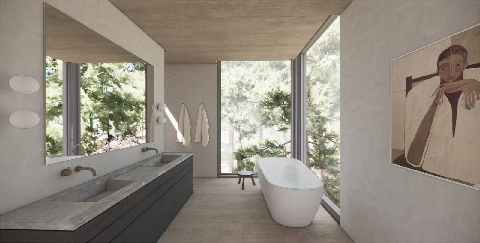 Primary bath with stone vanity and freestanding tub