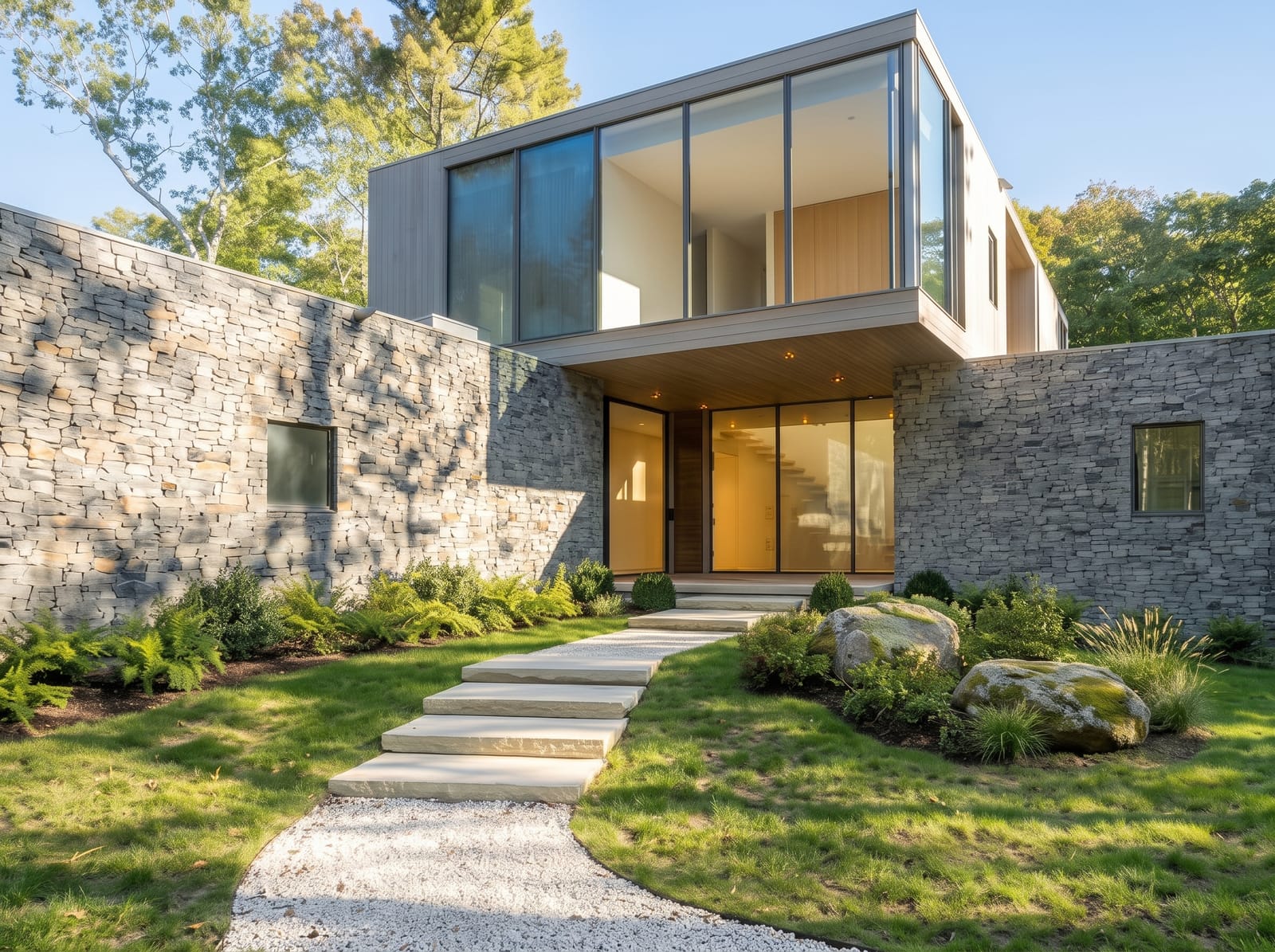 Front elevation with stone walls, cantilevered glass volume and stepping stone path
