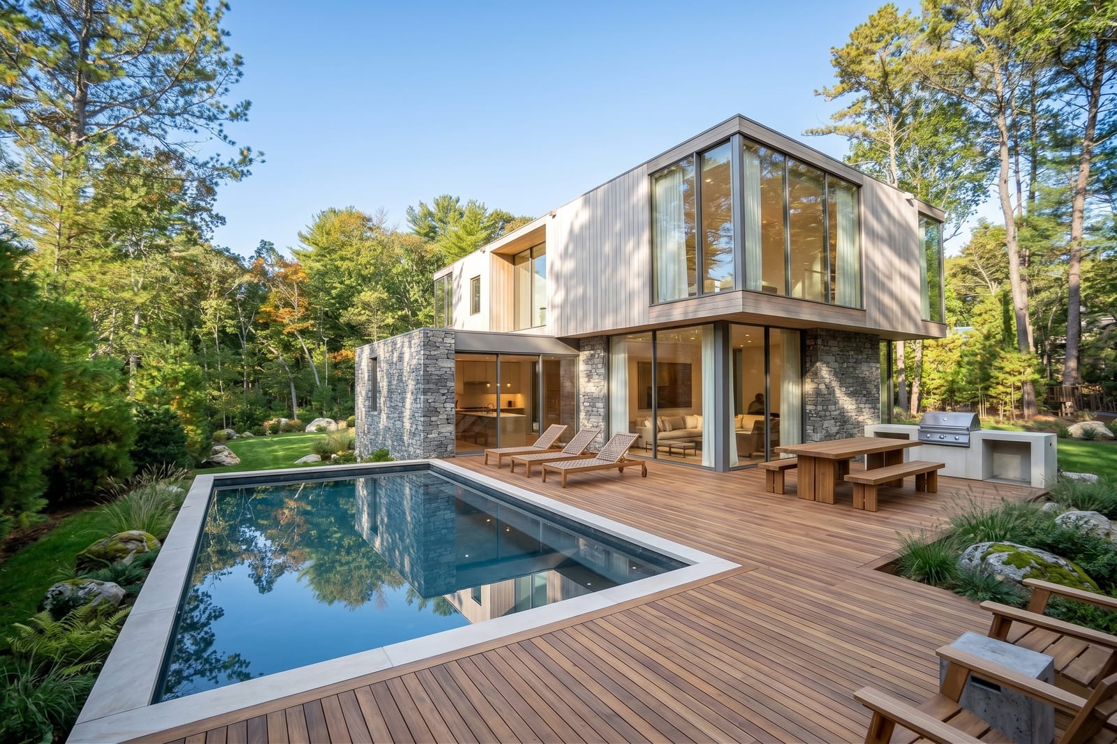 Rear elevation with heated pool, ipe deck, outdoor dining and built-in grill