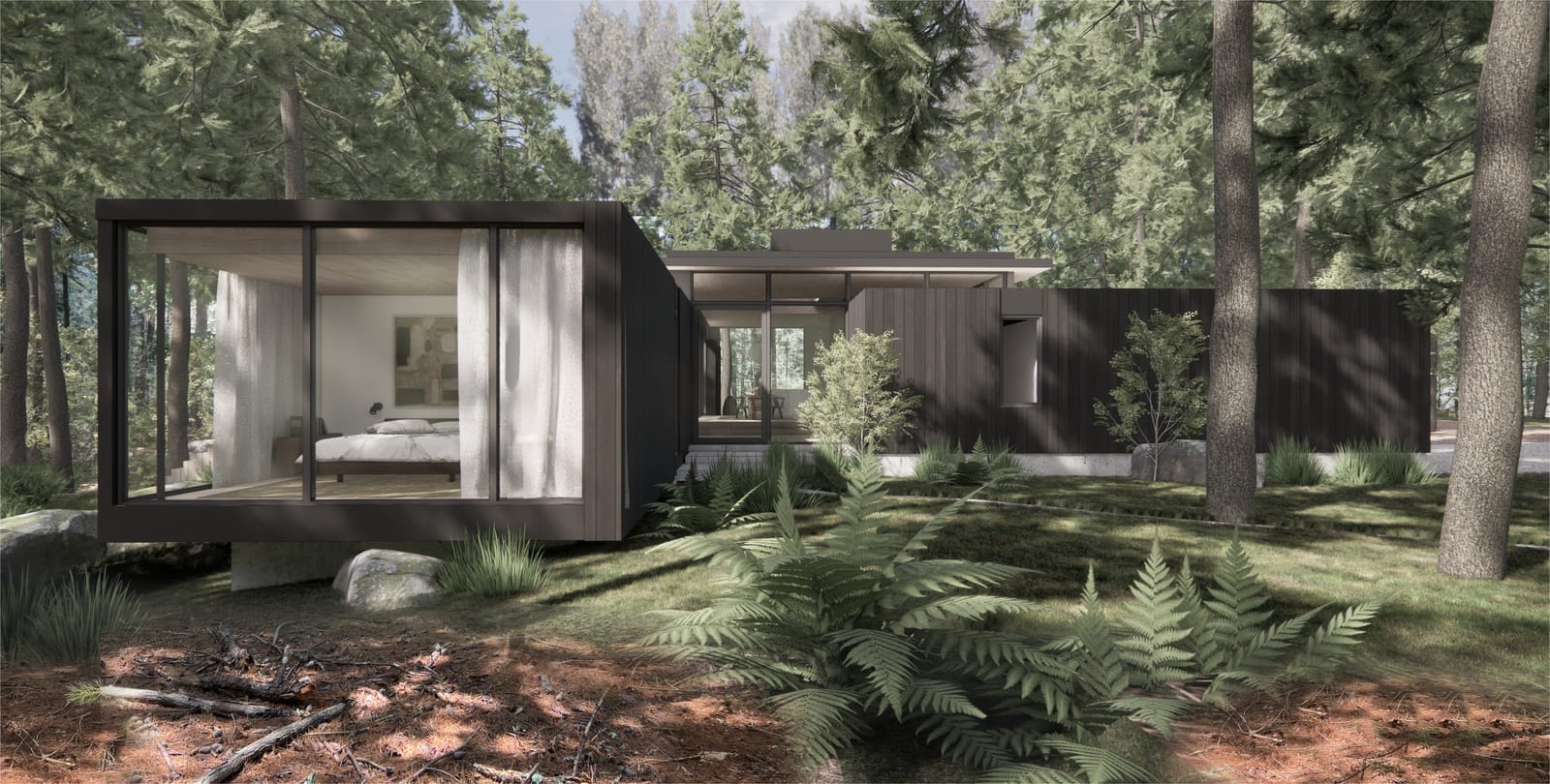 Glass bedroom volume among ferns and pines