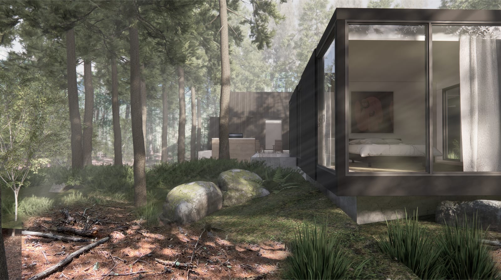 Cantilevered glass bedroom volume beside mossy boulders