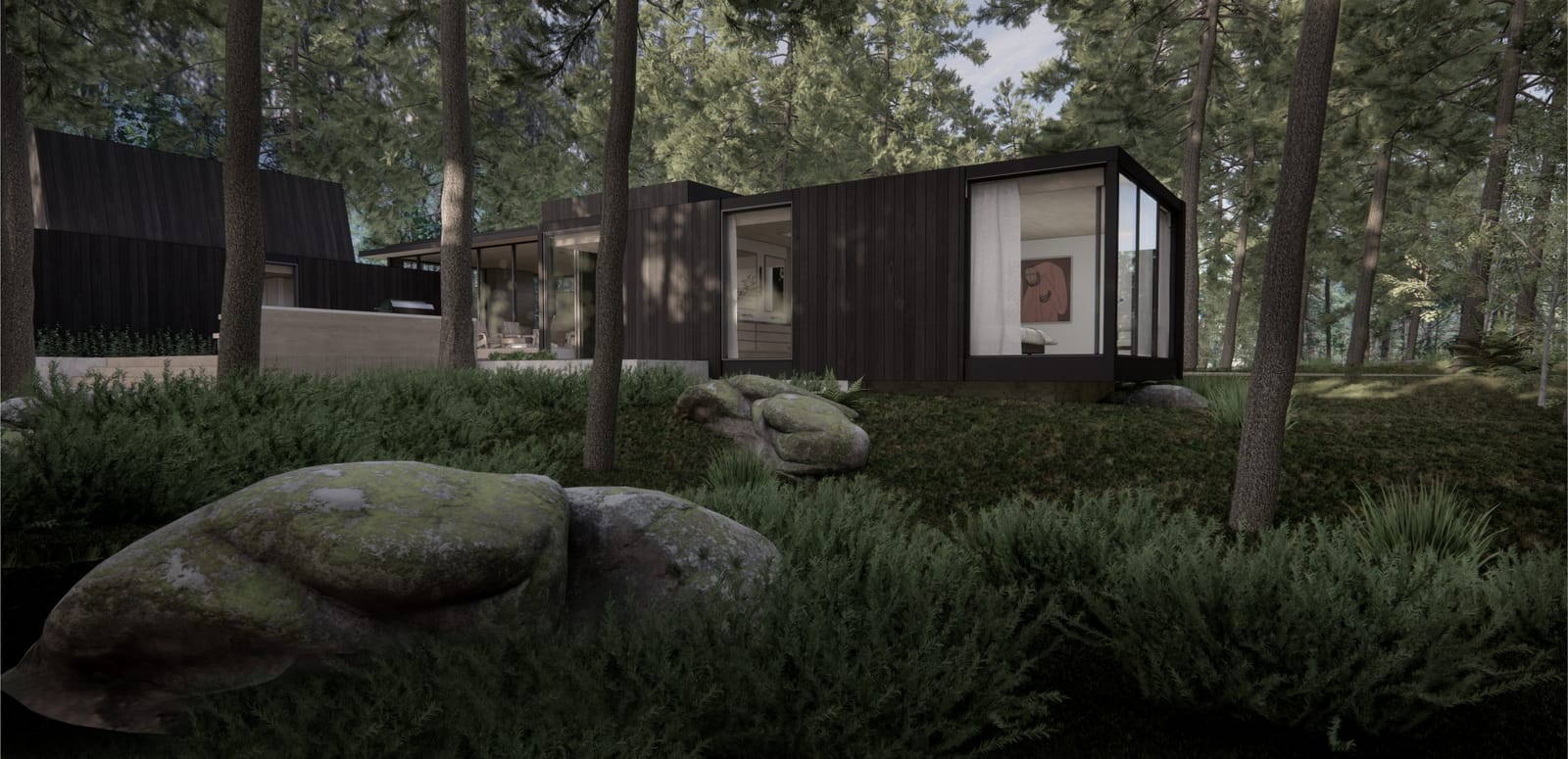 Stained cypress house low in the woods behind boulders