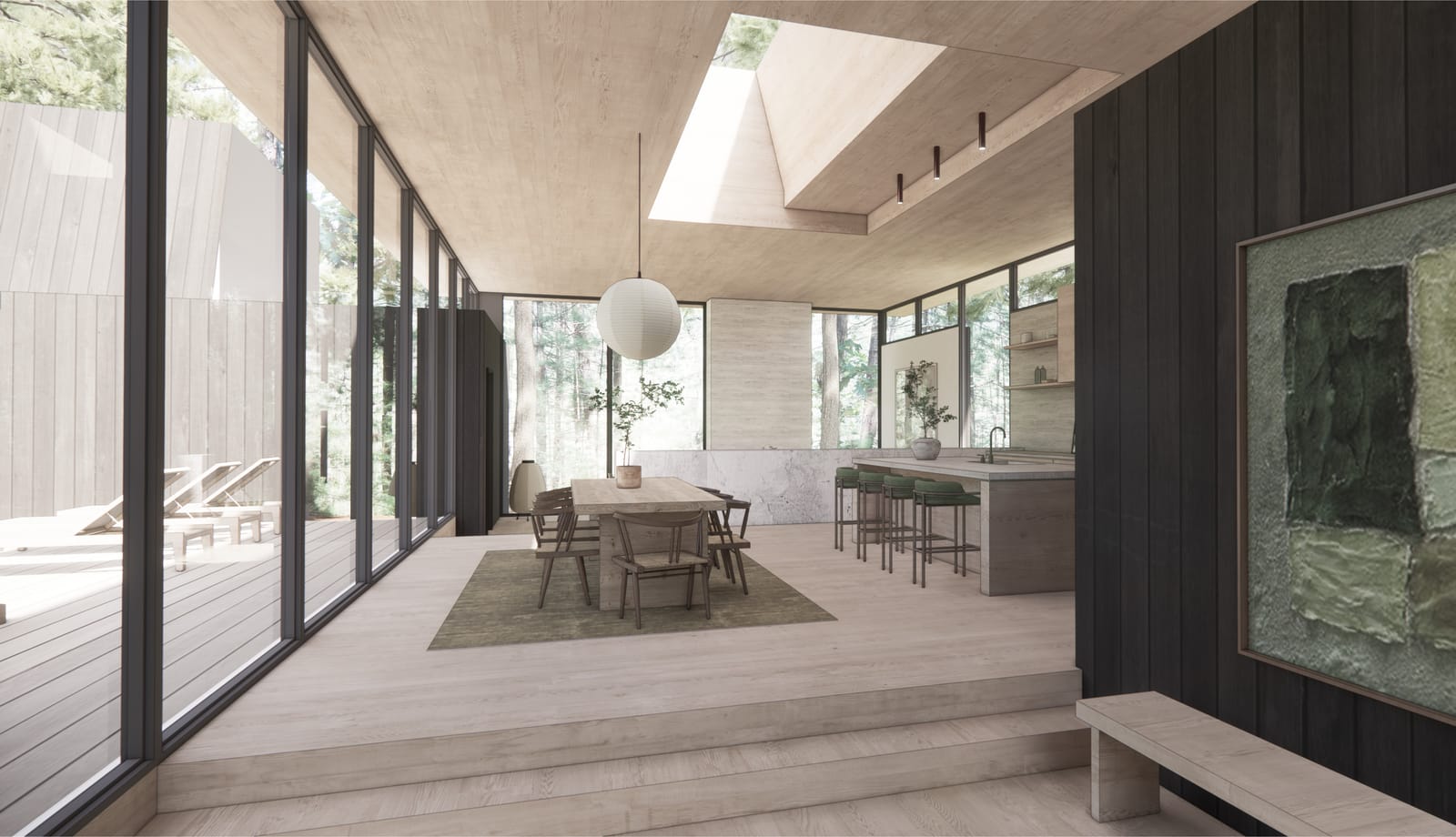 Open living and dining under a skylit white oak ceiling
