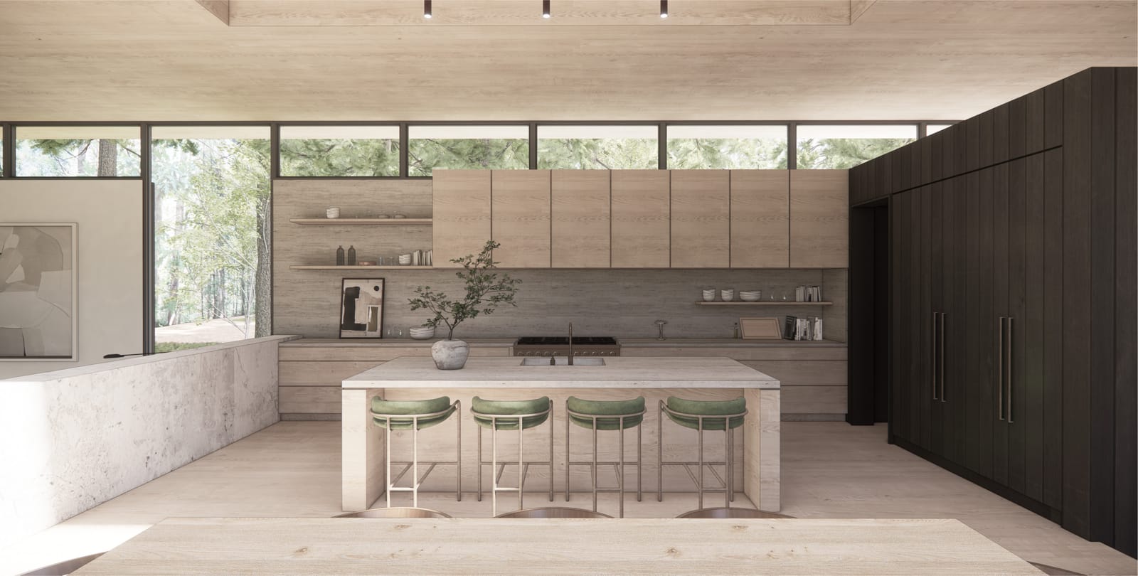 Kitchen with stone island and oak cabinetry