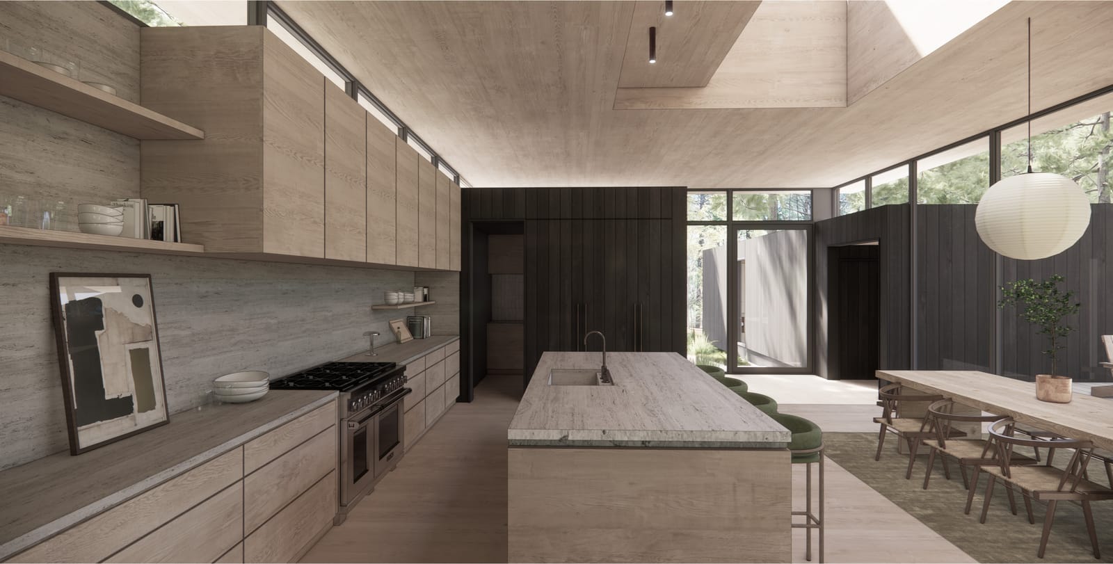 Kitchen with range, island sink and skylight