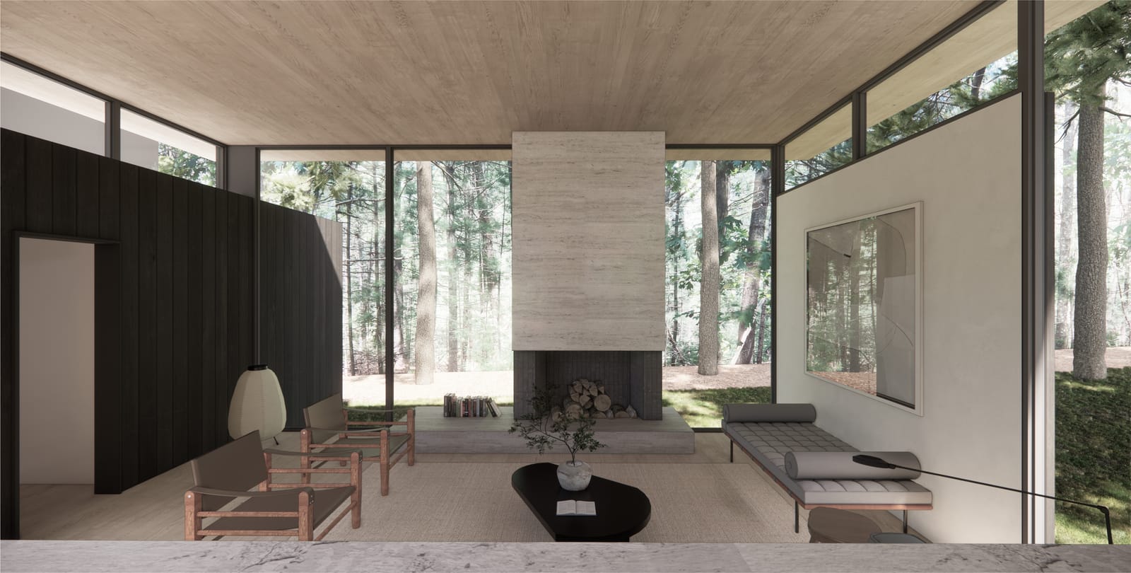 Limestone fireplace between glass walls