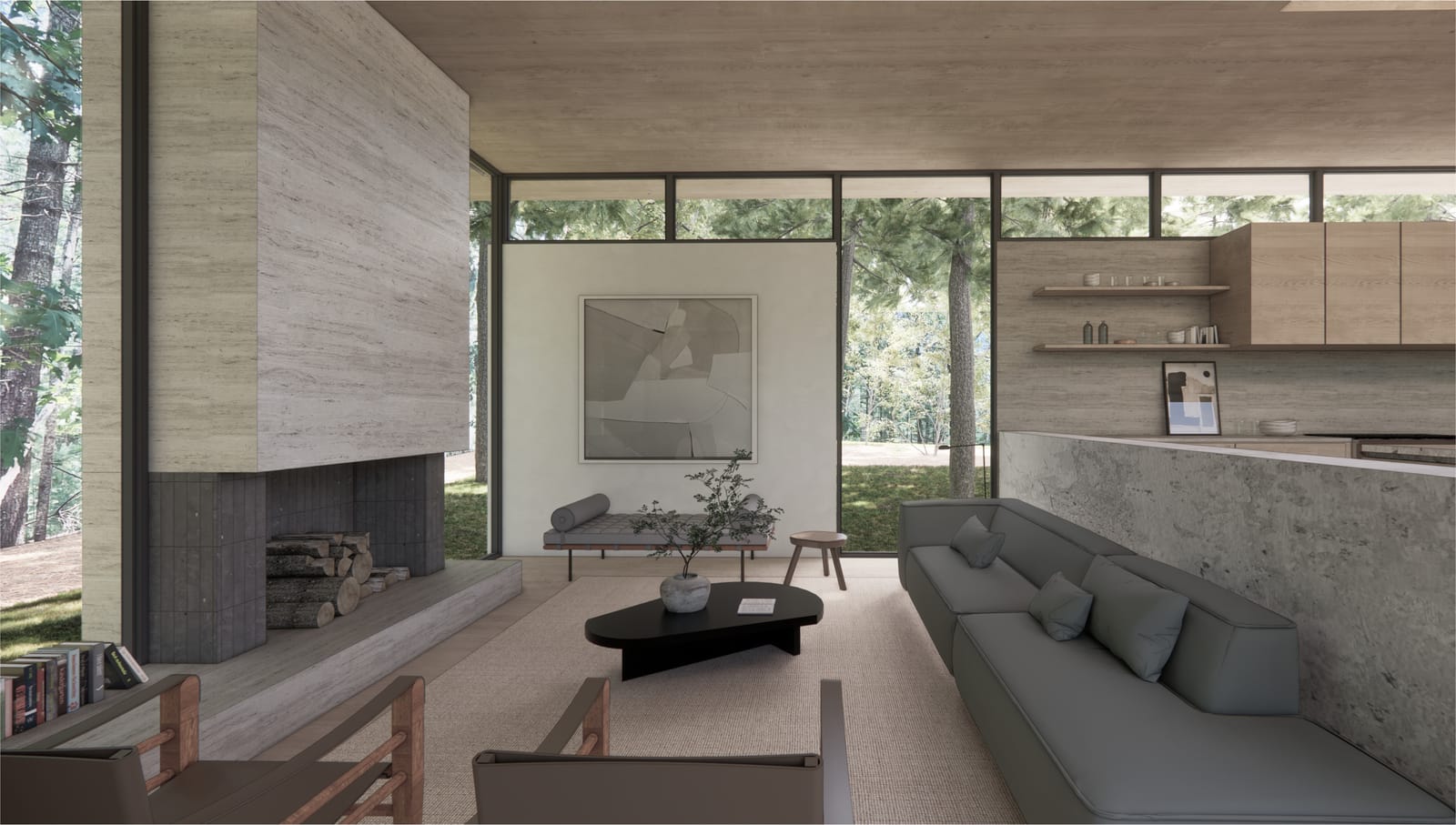 Fireplace and living room with clearstory windows