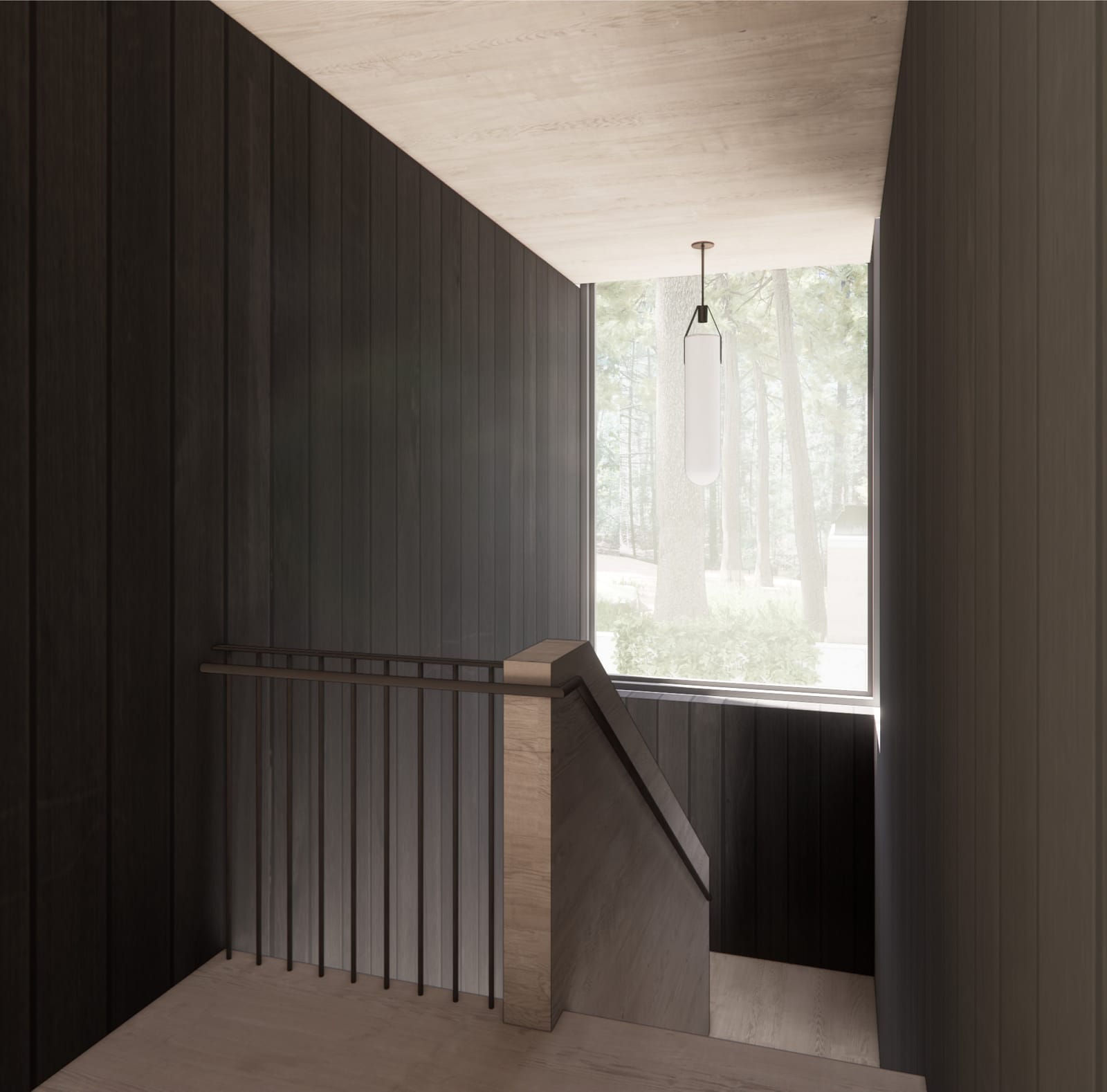 Stair landing in stained cypress with forest view