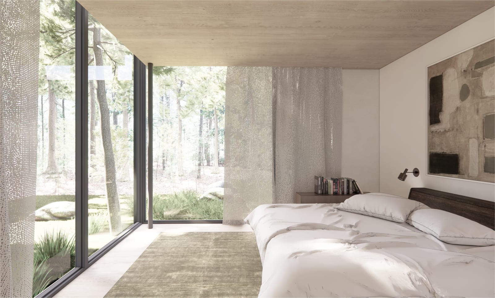 Bedroom with floor-to-ceiling glass to the woods