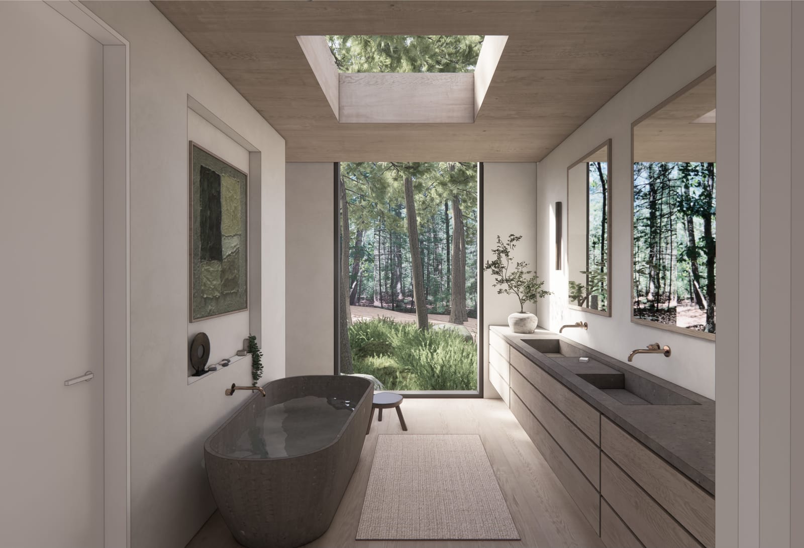 Bath with stone tub, double vanity and skylight