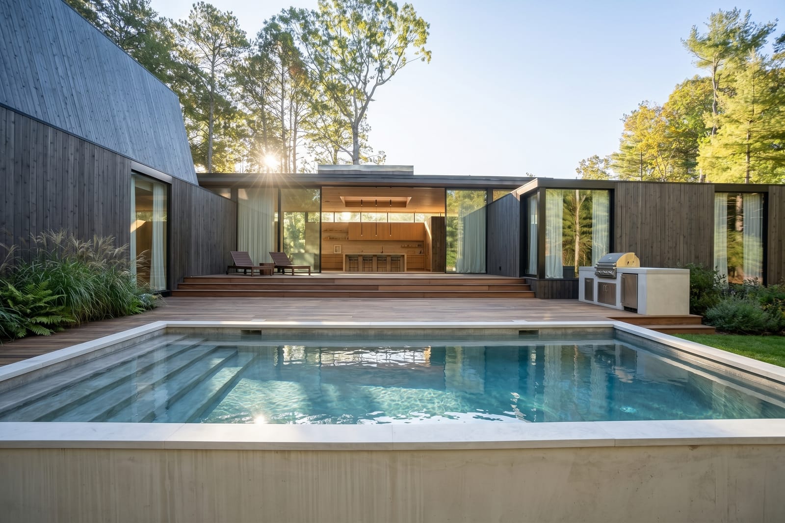 Rear elevation in stained cypress with heated pool, ipe deck and built-in grill